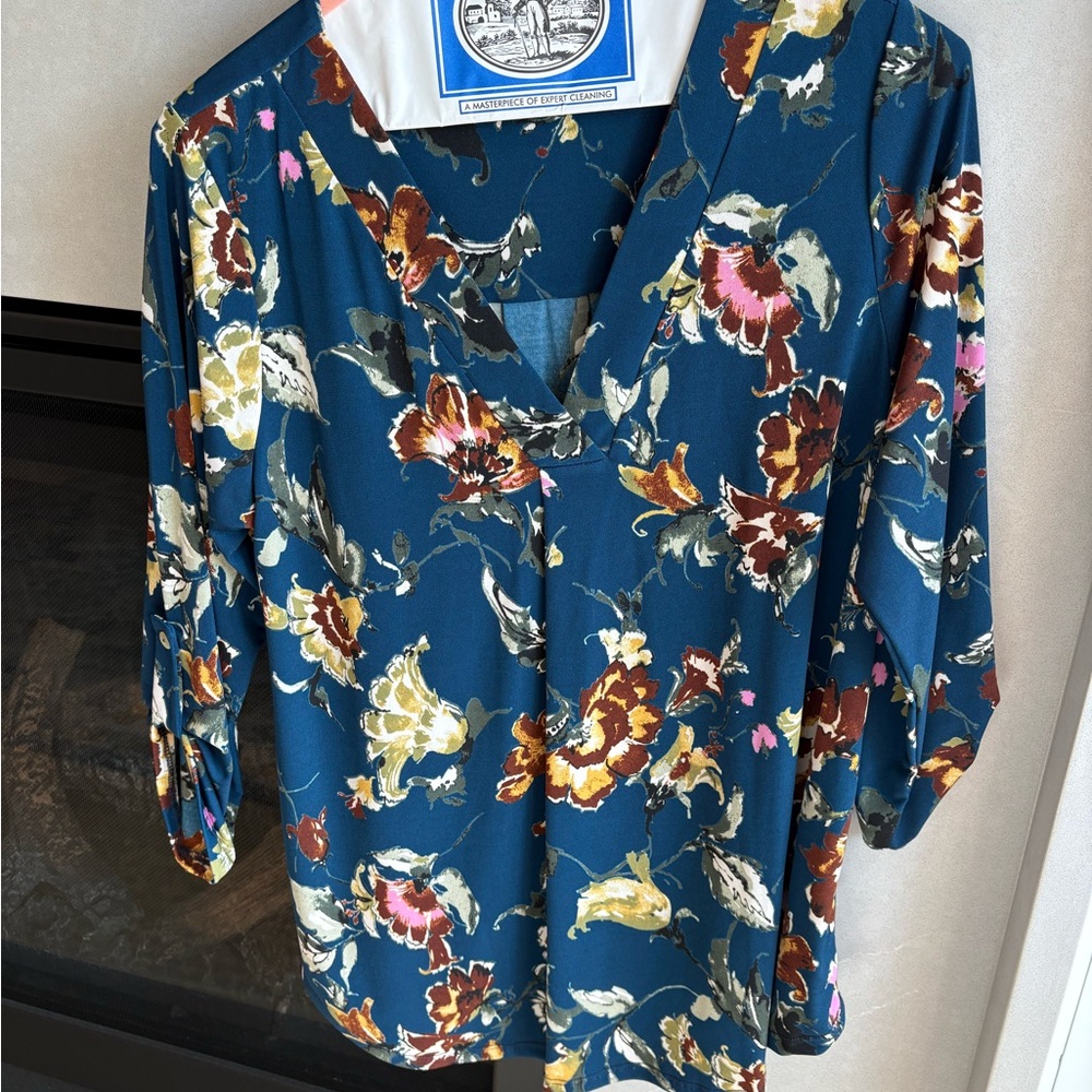 Beacon Blue and Cream Blouse with Notched Collar